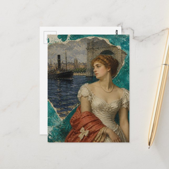 Lady Along the River Mixed Media AI Collage  Postcard (Front/Back In Situ)
