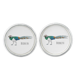 Lady amherst's pheasant bird cartoon illustration cufflinks