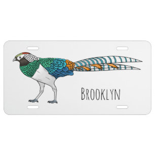Lady amherst's pheasant bird cartoon illustration  license plate