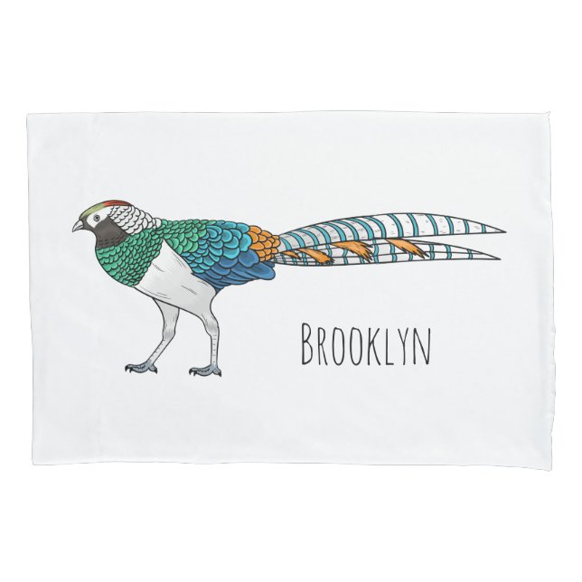 Lady amherst's pheasant bird cartoon illustration pillow case (Front)