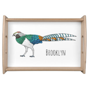 Lady amherst's pheasant bird cartoon illustration serving tray