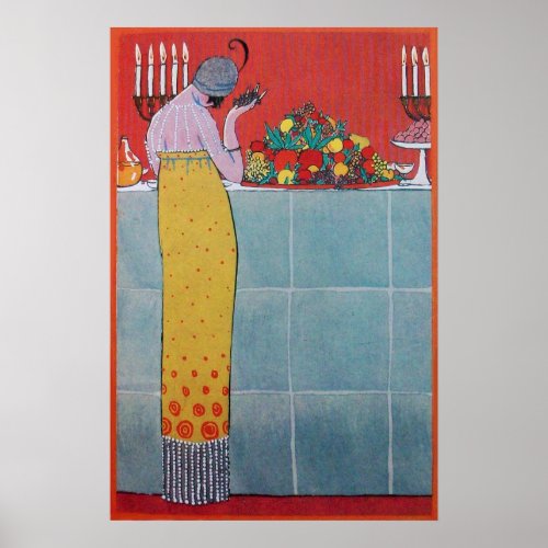 LADY AND FRUITS TABLE SET ART DECO BEAUTY FASHION POSTER