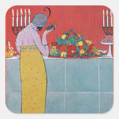 LADY AND FRUITS TABLE SET ART DECO BEAUTY FASHION SQUARE STICKER