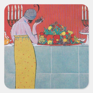 LADY AND FRUITS TABLE SET ART DECO BEAUTY FASHION SQUARE STICKER