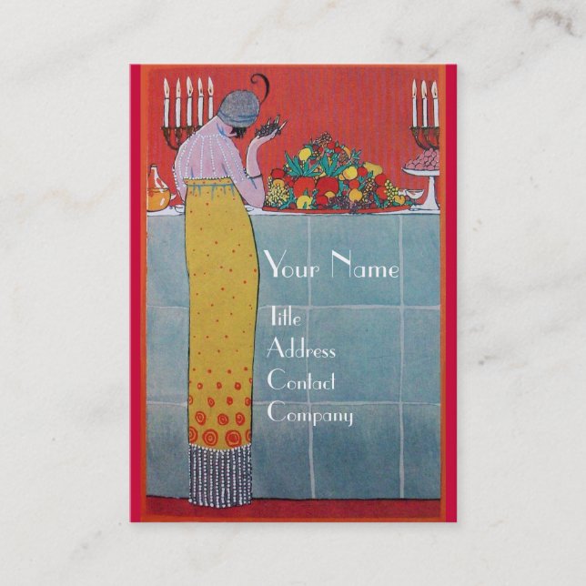 LADY AND FRUITS TABLE SET ART DECO WEDDING PLANNER BUSINESS CARD (Front)