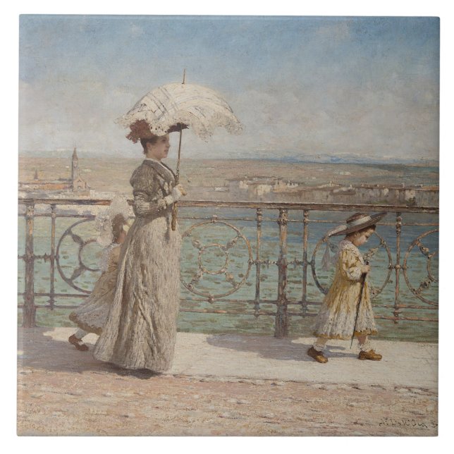 Lady and Girls on the Ponte Nuovo Bridge, Verona Ceramic Tile (Front)