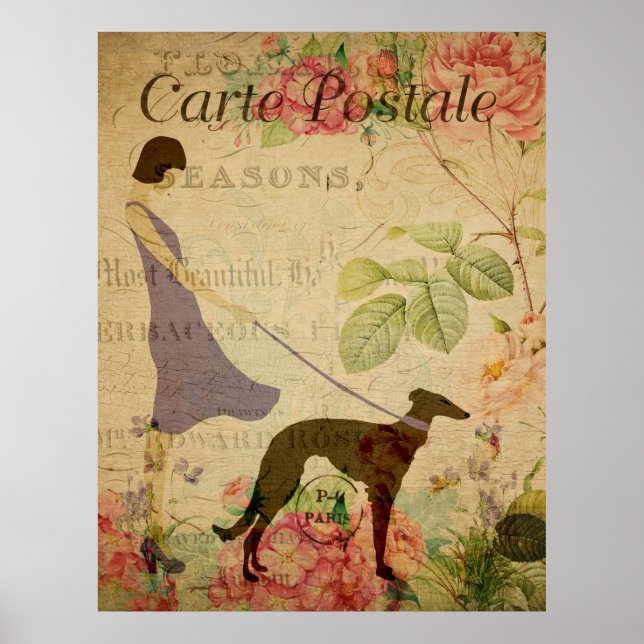 Lady and Greyhound Vintage French Postcard Poster (Front)