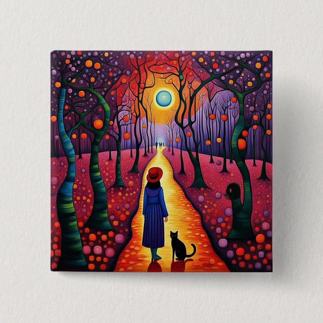 Lady and her cat in Plum Grove Button (Front)