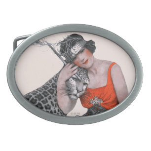Lady and Leopard Oval Belt Buckle