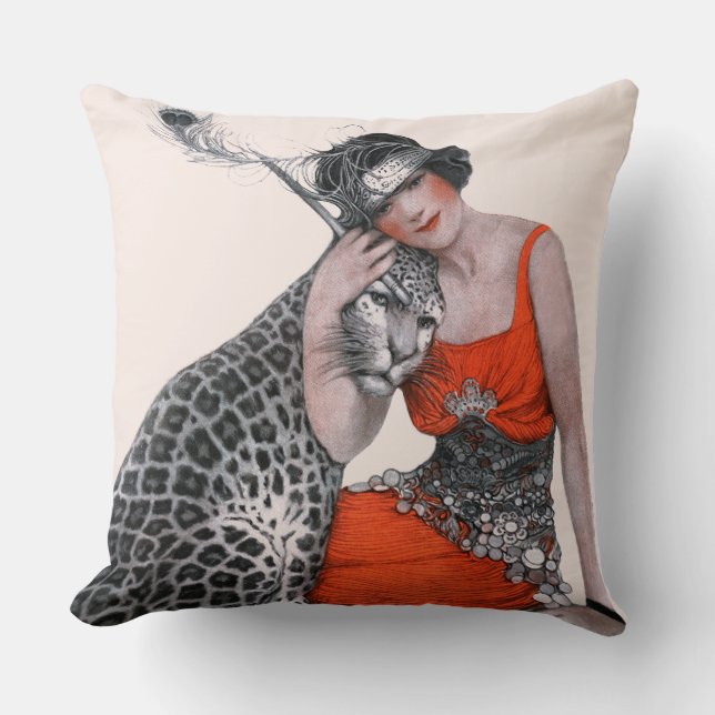 Lady and Leopard Throw Pillow (Front)