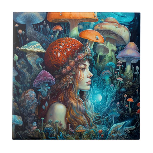 Lady And Mushrooms Surreal Fantasy Art Ceramic Tile (Front)