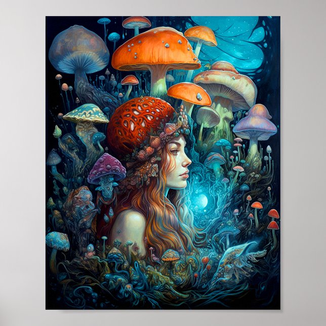 Lady And Mushrooms Surreal Fantasy Art Poster (Front)