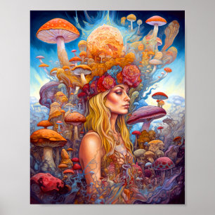 Lady And Mushrooms Surreal Fantasy Art Poster