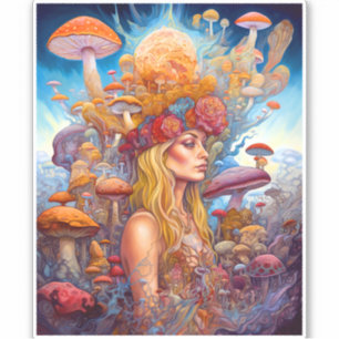Lady And Mushrooms Surreal Fantasy Art Sticker