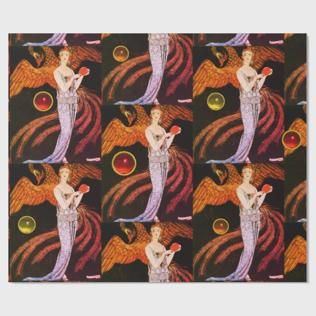 LADY AND PHOENIX ART DECO BEAUTY FASHION COSTUME WRAPPING PAPER (Flat)