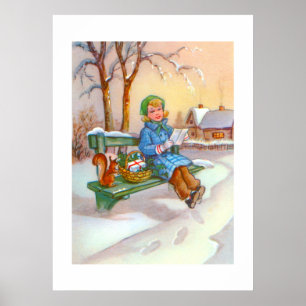 Lady and squirrel vintage art poster