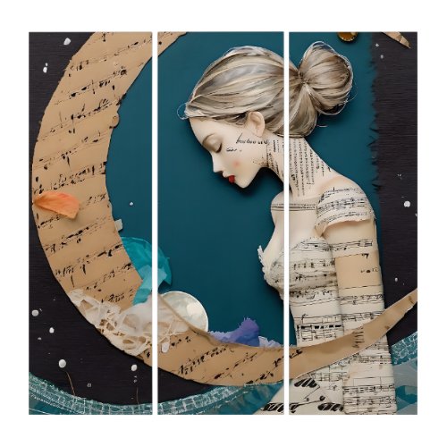 Lady and the Moon Collage Triptych