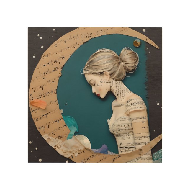Lady and the Moon Collage Wood Wall Art (Front)