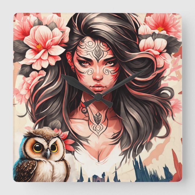 Lady and the Owl Square Wall Clock (Front)