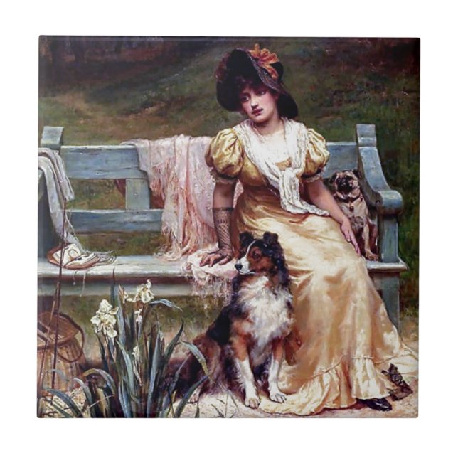 Lady and Two Pet Dogs painting Tile (Front)