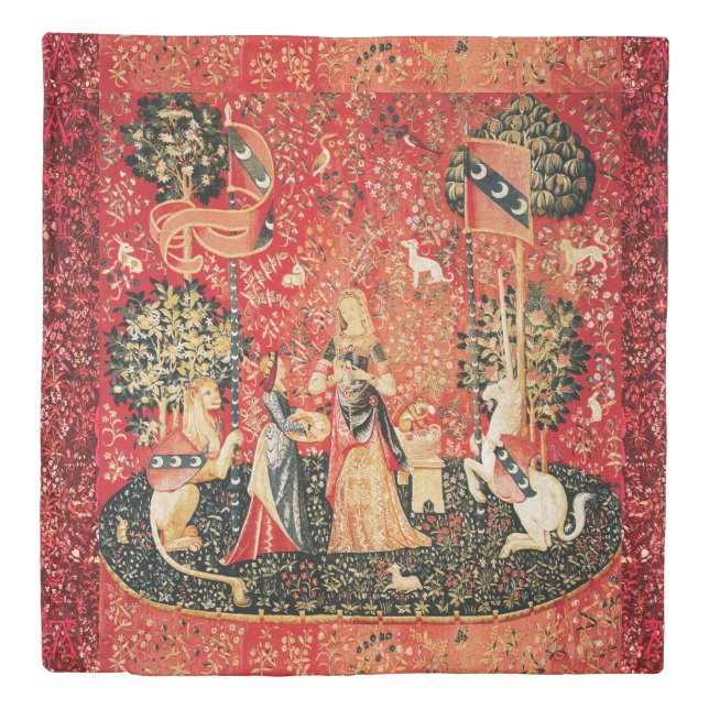 LADY AND UNICORN,Animals,Red Green Floral Fantasy Duvet Cover (Front)
