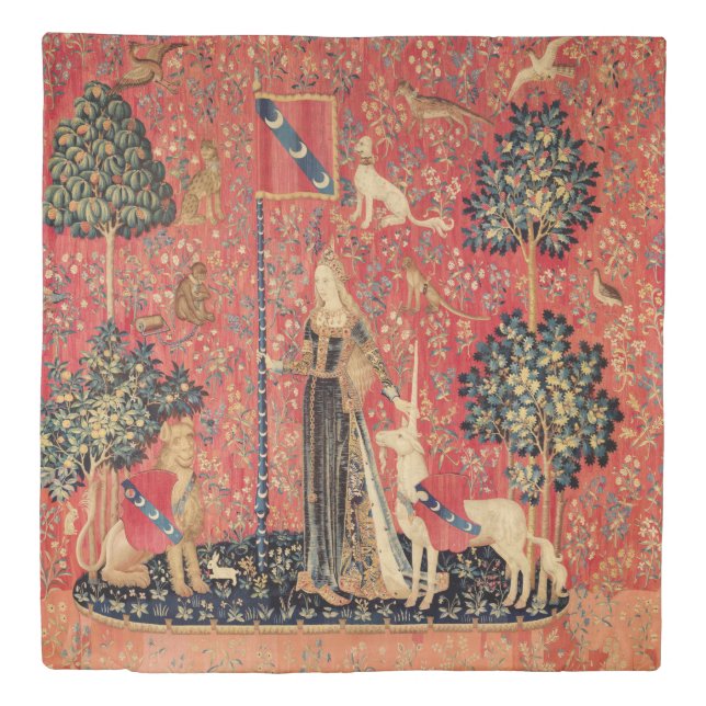 LADY AND UNICORN,Animals,Red Green Floral Fantasy Duvet Cover (Front)