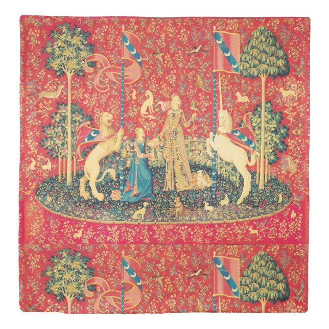 LADY AND UNICORN,Animals,Red Green Floral Fantasy Duvet Cover (Front)