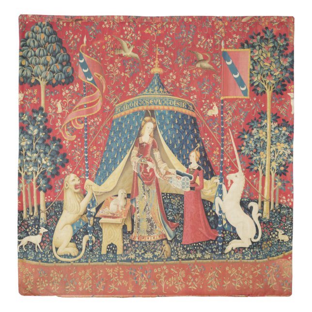 LADY AND UNICORN,Animals,Red Green Floral Fantasy Duvet Cover (Front)