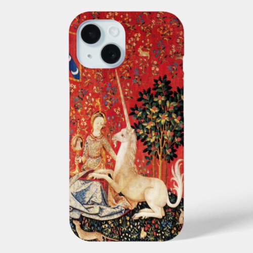 LADY AND UNICORN Fantasy Animals Green Red Floral iPhone 15 Case
