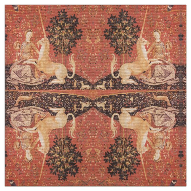 LADY AND UNICORN Fantasy Flowers,Animals Fabric (Swatch)