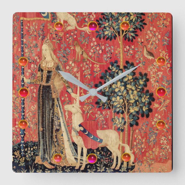 LADY AND UNICORN Fantasy Flowers,Animals,Gemstones Square Wall Clock (Front)