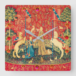 LADY AND UNICORN Fantasy Flowers,Animals,Gemstones Square Wall Clock