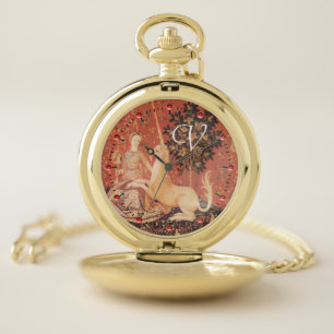 LADY AND UNICORN Fantasy Flowers,Animals Monogram Pocket Watch