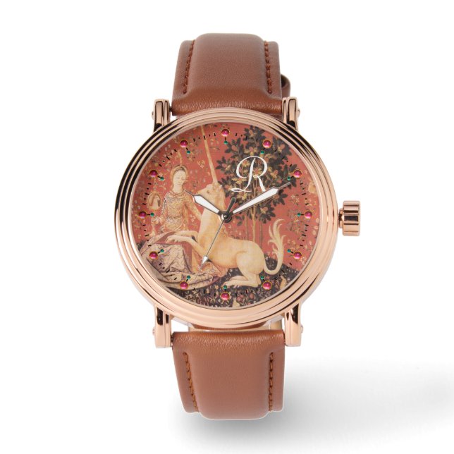 LADY AND UNICORN Fantasy Flowers,Animals Monogram Watch (Front)