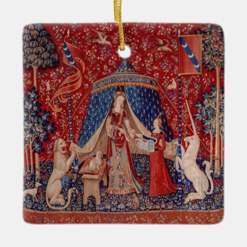 Lady and Unicorn Medieval Tapestry Desire Ceramic Ornament