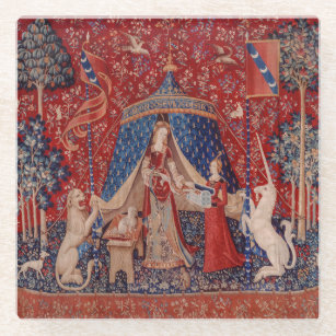Lady and Unicorn Medieval Tapestry Desire Glass Coaster