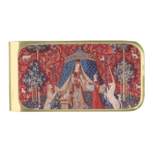 Lady and Unicorn Medieval Tapestry Desire Gold Finish Money Clip