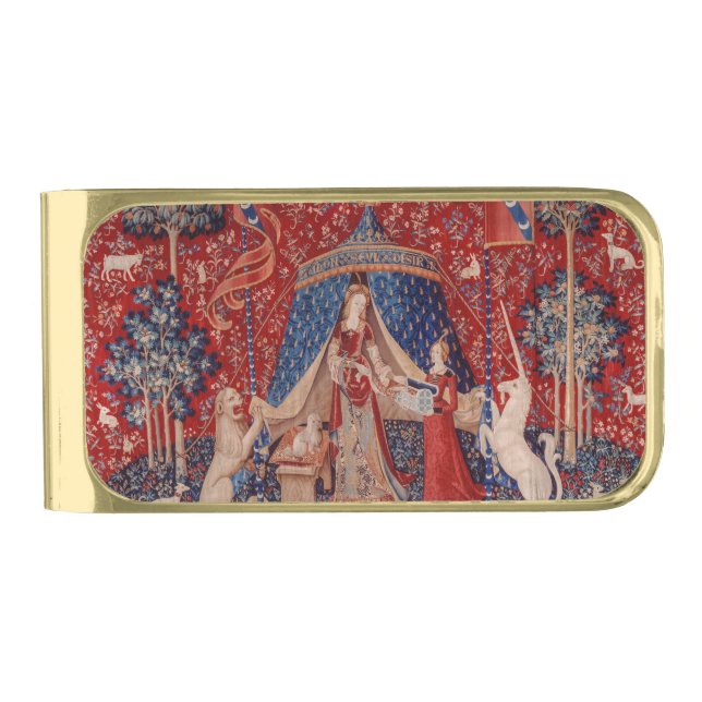 Lady and Unicorn Medieval Tapestry Desire Gold Finish Money Clip (Front)