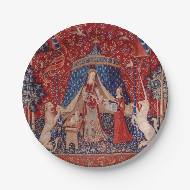 Lady and Unicorn Medieval Tapestry Desire Paper Plates (Front)