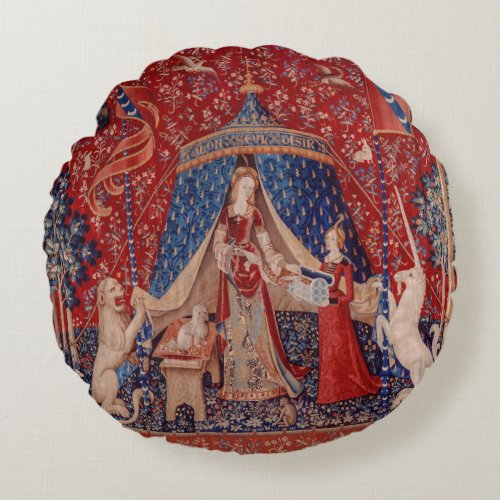 Lady and Unicorn Medieval Tapestry Desire Round Pillow