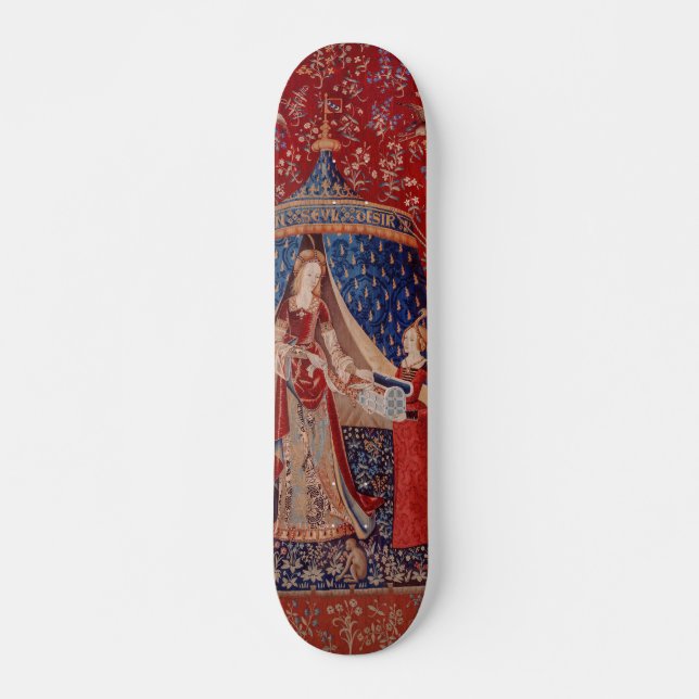 Lady and Unicorn Medieval Tapestry Desire Skateboard (Front)