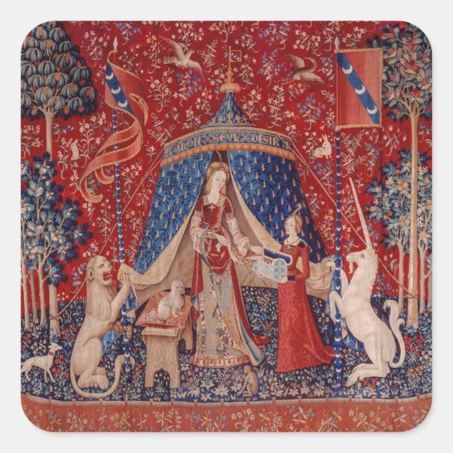 Lady and Unicorn Medieval Tapestry Desire Square Sticker (Front)