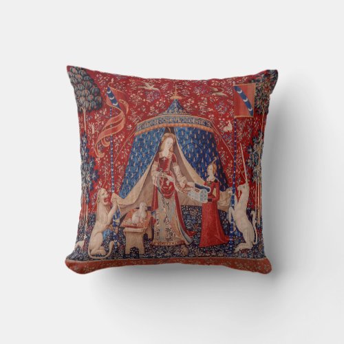 Lady and Unicorn Medieval Tapestry Desire Throw Pillow