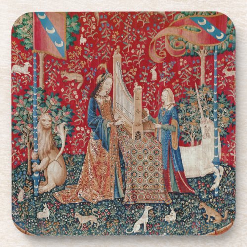Lady and Unicorn Medieval Tapestry Hearing Beverage Coaster