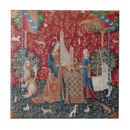 Lady and Unicorn Medieval Tapestry Hearing Ceramic Tile