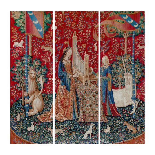 Lady and Unicorn Medieval Tapestry Hearing Triptych