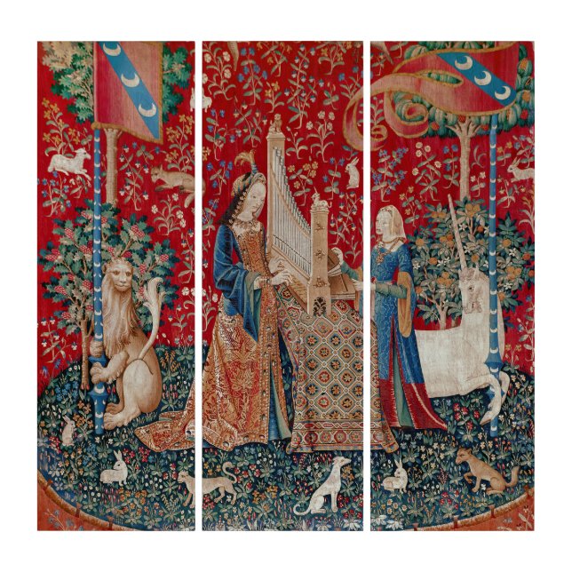 Lady and Unicorn Medieval Tapestry Hearing Triptych (Front)