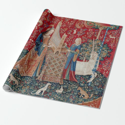 Lady and Unicorn Medieval Tapestry Hearing Wrapping Paper
