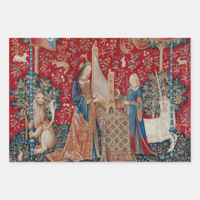 Lady and Unicorn Medieval Tapestry Hearing Wrapping Paper Sheets (Front)