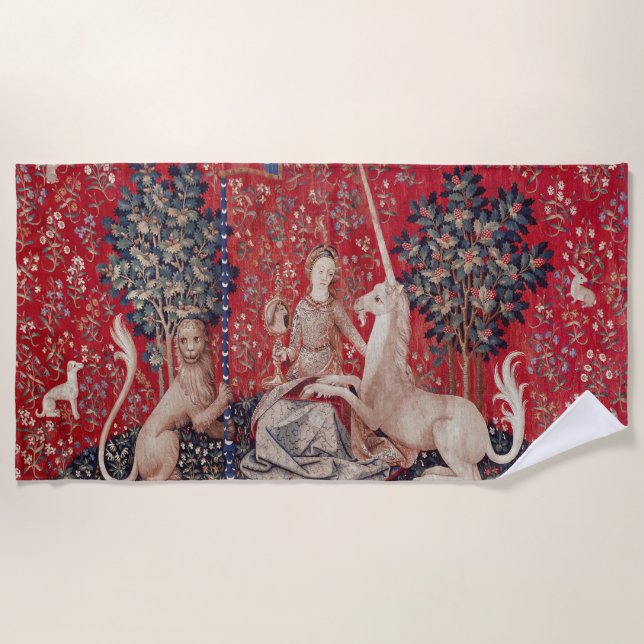 Lady and Unicorn Medieval Tapestry Sight Beach Towel (Front)